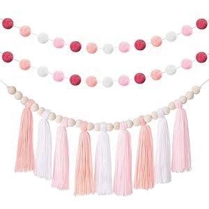 3PCS/Set Boho Tassel Garland,BetterJonny Boho Tassel Garland Wall Hanging Decor Pastel Banner with Wood Beads and 2Pcs Pom Pom Felt Ball for Home and Outdoor Decor