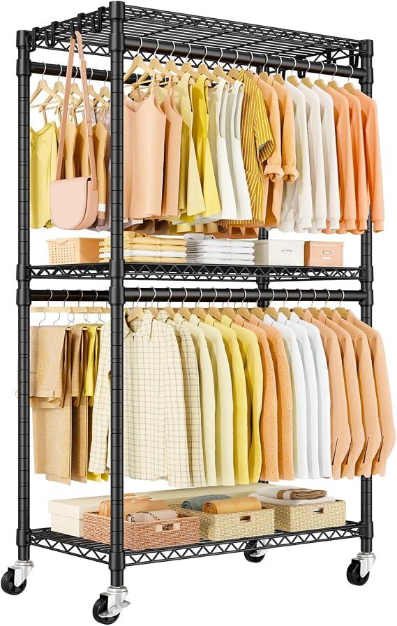 ULIFHOME P5 Rolling Clothes Rack, Clothing Racks for Hanging Clothes, Black, Heavy Duty Garment Rack with Wheels, 3-Tier Shelves, Portable Closet Racks 39.4'' W × 20.5'' D × 80.5'' H, Max Load 650 Lbs
