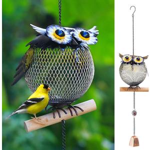 Solar Owl Bird Feeder Squirrel Proof for Outside - Unique Cute Metal Animal Shaped Wild Bird Feeder with Solar Light, Wind Chime, Gift for Bird Lovers(Owl)