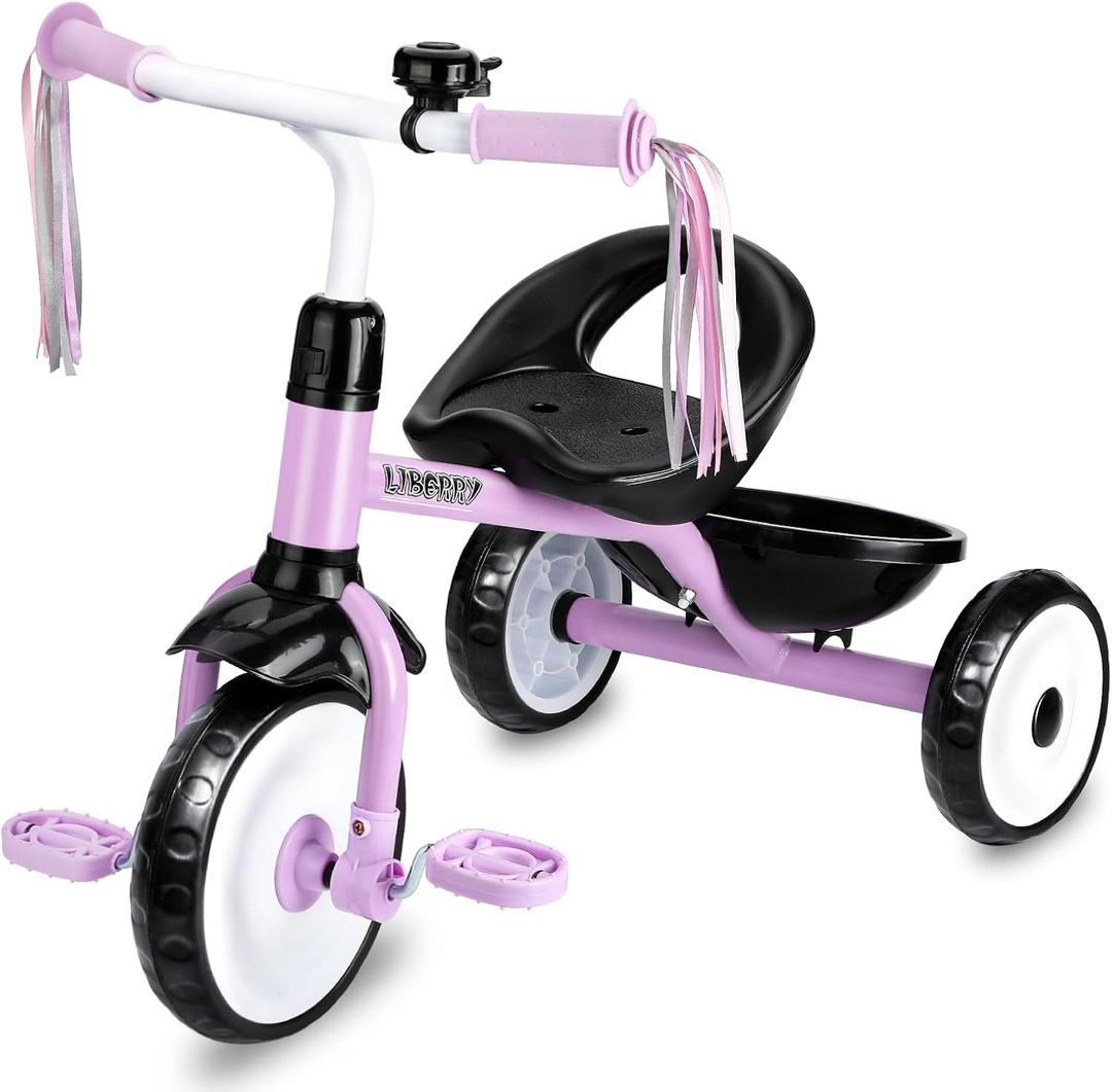 Liberry Toddler Tricycle Age 2 3 4 Years Old, Kids Trike with Bell, Back Basket and Removable Pedal, 3 Wheel Bike Riding Toy Gift for Girls, Purple, Large