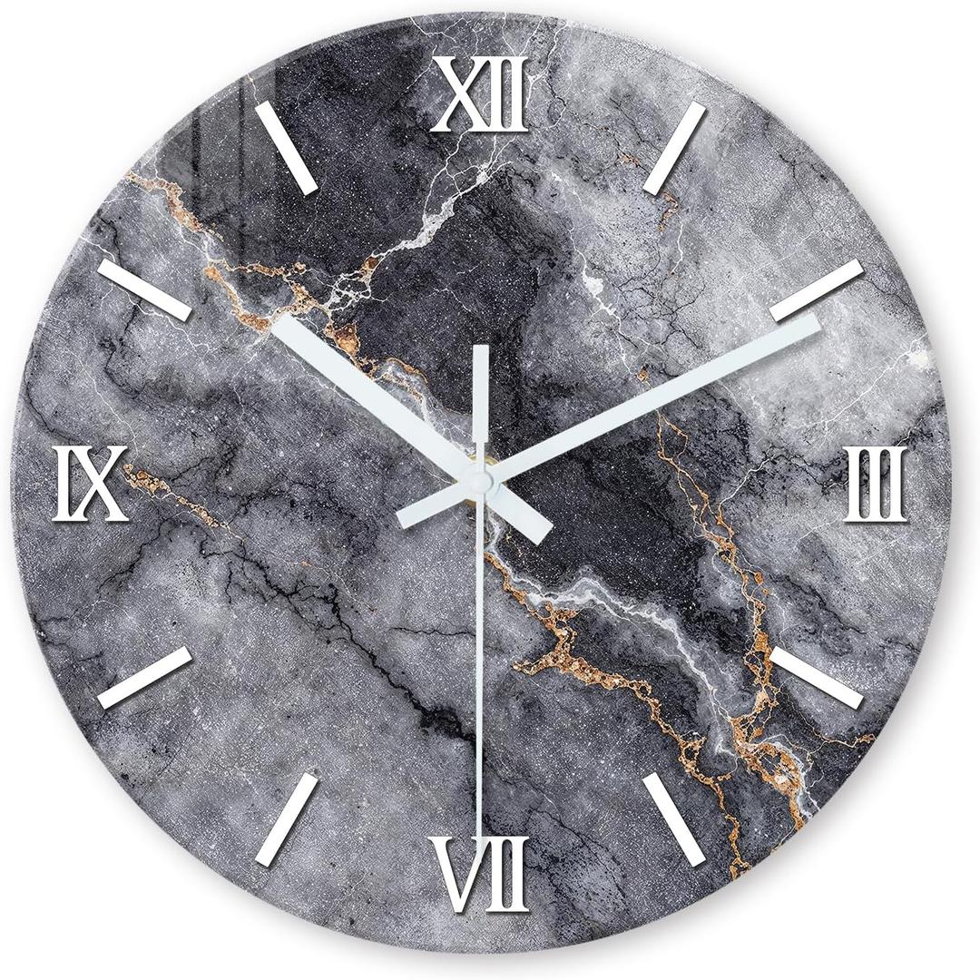 Large Grey Marble Wall Clock 24 Inch Silent Non Ticking