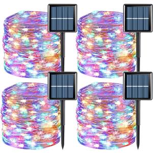 YEGUO 4 Pack Multicolor Solar Fairy Lights, Each 33ft 100 LED Christmas Lights Outdoor Waterproof, 8 Modes Sliver Wire Solar String Lights