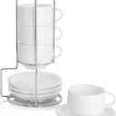 Sweese 2.5 Ounce Porcelain Stackable Espresso Cups with Saucers and Metal Stand Set of 4, White