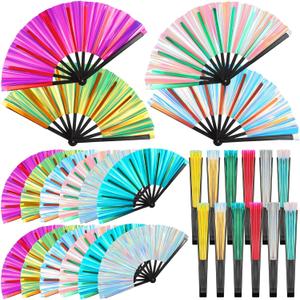 12 Pcs Large Holographic Folding Hand Fan Foldable Iridescent Clack Rave Fan Bulk for Craft Holding Laser Outfits Women Men Outfit Club Line Dancing, 6 Colors (Novelty Color)