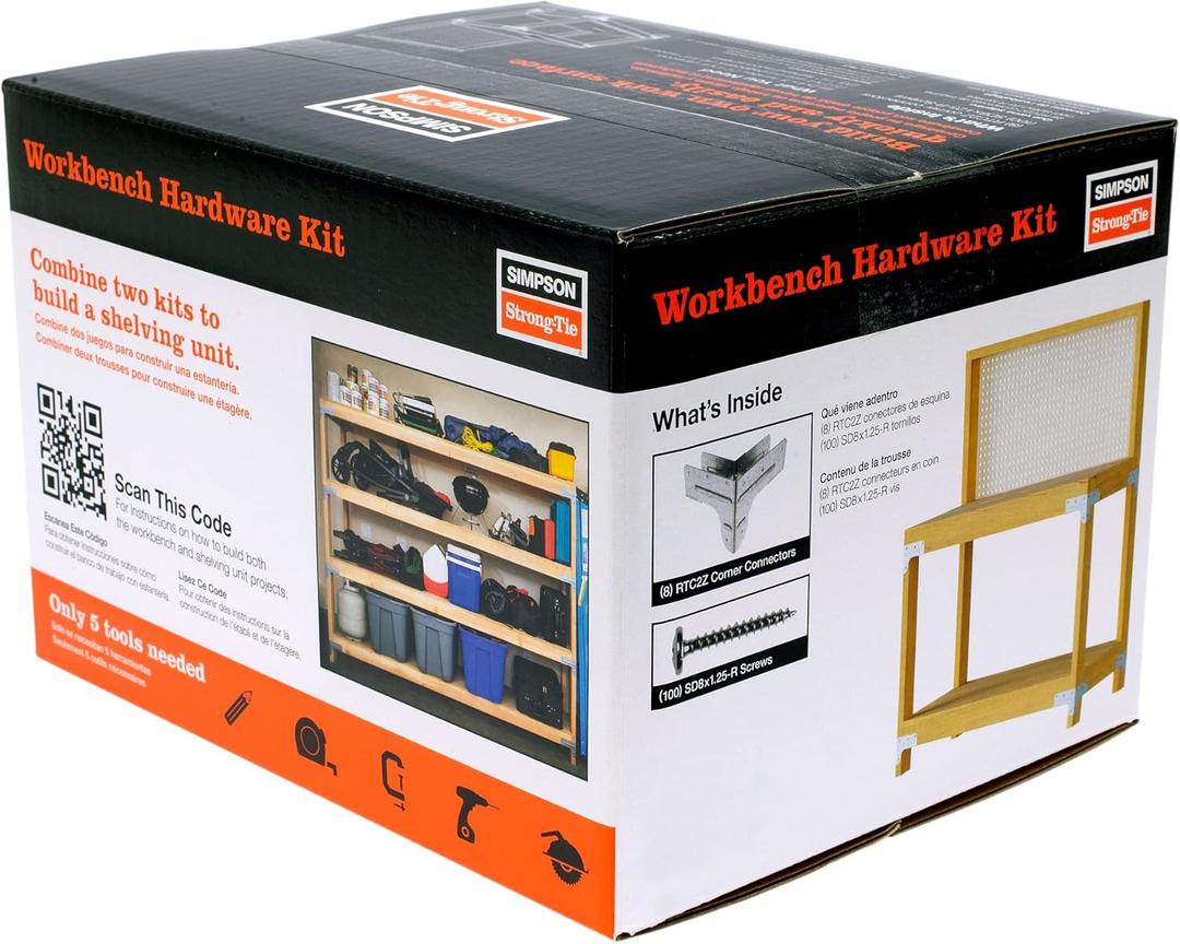 Simpson Strong-Tie WBSK - Workbench and Shelving Hardware Kit Featuring Rigid Tie RTC2Z Corner Connector & Wafer-Head Screws, Ideal for Woodworking & Home Improvement Projects
