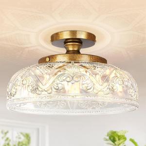 Semi Flush Mount Ceiling Light, 12 Inch Large Copper Ceiling Light Fixture, 3-Light Globe Glass Farmhouse Kitchen Lighting Fixtures for Bathroom, Hallway, Dining Room (Bulb Not Included)