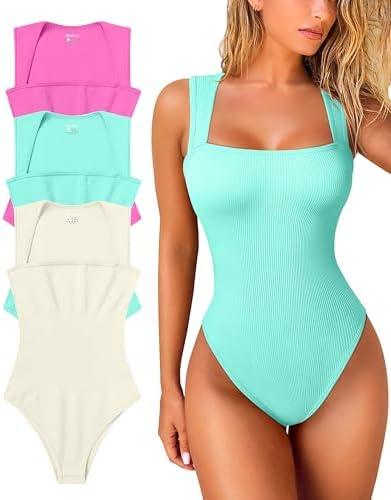 OQQ Women's 3 Piece Bodysuits Sexy Ribbed Strappy Square Neck Sleeveless Tummy Control Tank Tops Bodysuits Rose Mint green Beige L