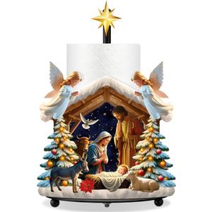 Shellwei Christmas Nativity Scene Paper Towel Holder with Round Base Christmas Christian Bathroom Decor Rustic Jesus Dispenser Kitchen Paper Holder Stand for Countertop Toilet Home Accessories