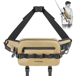 THKFISH Waterproof Fishing Waist Pack with Fishing Rod Holder, Fishing Tackle Bag with Adjustable Strap, Airtight Zipper Closure, Lightweight Sling Fishing Waist Bag for Fly Fishing, Brown