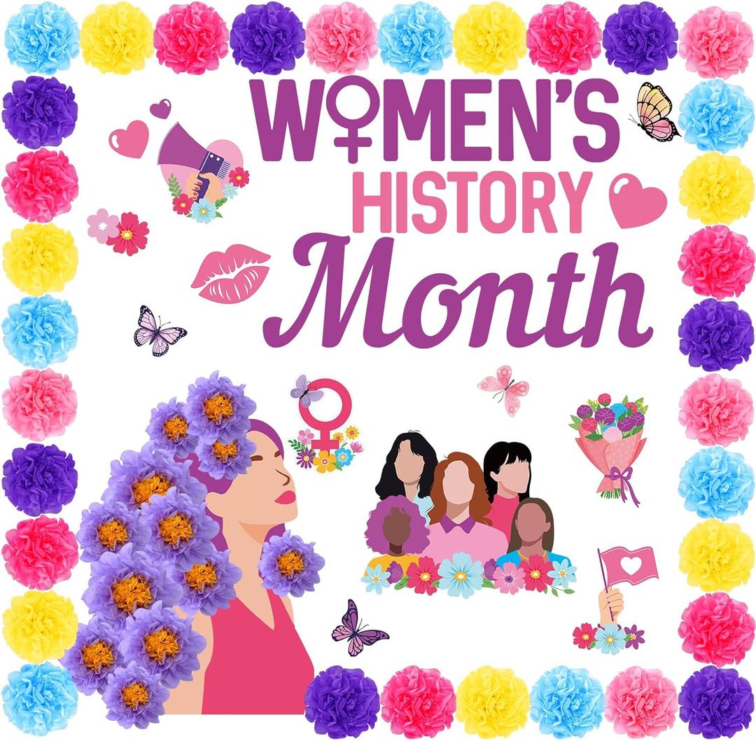 MotiMind 91 Pcs Womens History Month Bulletin Board Decorations for Classroom, International Women's Day Banner Backdrop with Paper Blooms for School Chalkboard Wall Party March 8th Decorations