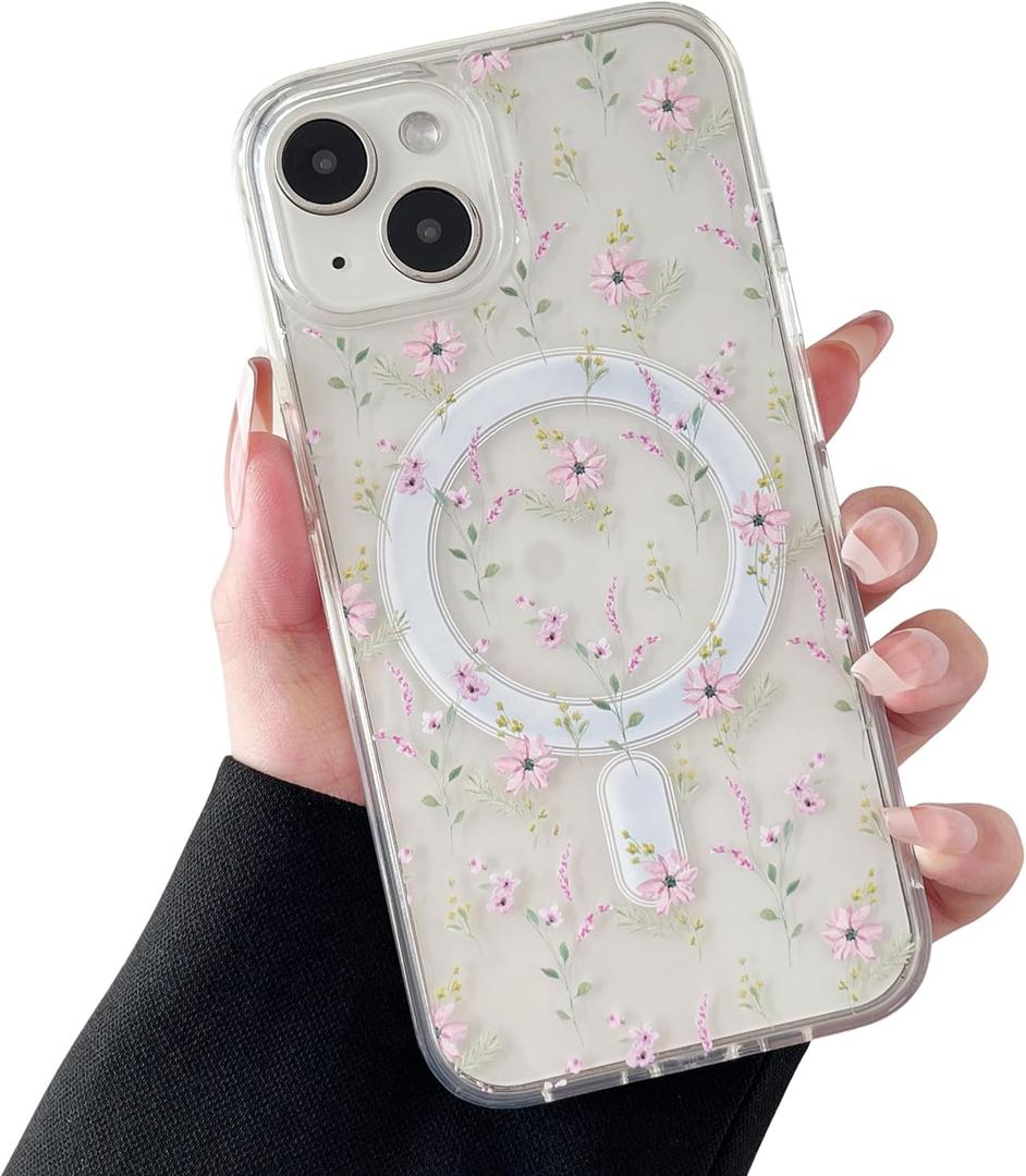 ZTOFERA for iPhone 13/14 Magnetic Case Compatible with Magsafe,Aesthetic Floral Pattern Design Cute for Girl Women,Anti-Drop Protective Hard Phone Cover for iPhone 13/14-Pink Flower