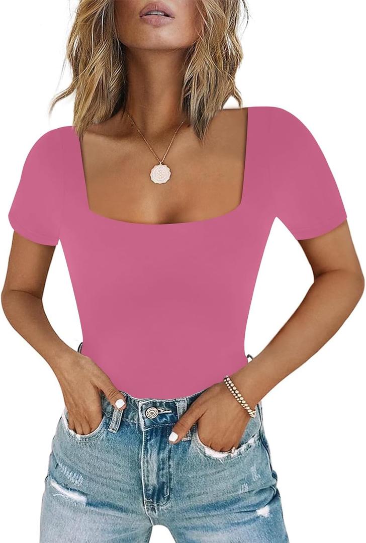 Chunpin Women's Sexy Square Neck Short Sleeve Bodysuit Tops Double Lined Slim Fitted Thong Body suit (Pink, L)