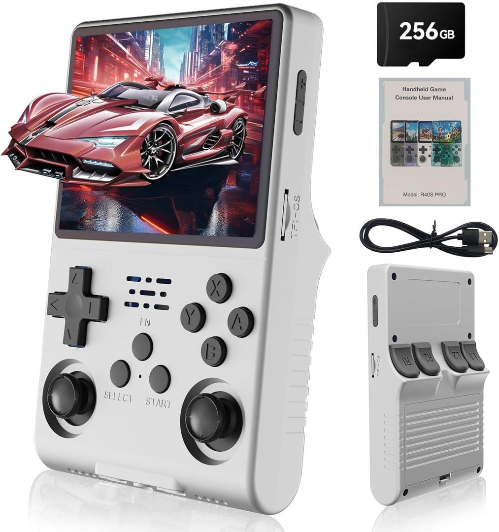 R40S Pro Handheld Game Console,30000 HD Games Mini Retro Gaming Console,3.5-Inch IPS Screen,Built in 45 Emulators,256GB SD Card,3800mAh Battery (White)
