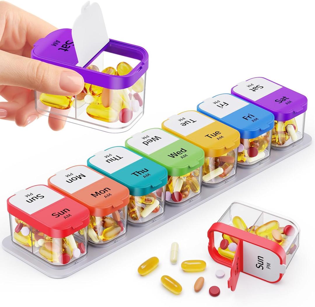Extra Large Weekly 7 Day 2 Time Pill Organizer for Vitamins & Supplements, Jumbo Pill Box Container with Detachable Compartments for Travelling, Hold Daily Medication - Rainbow