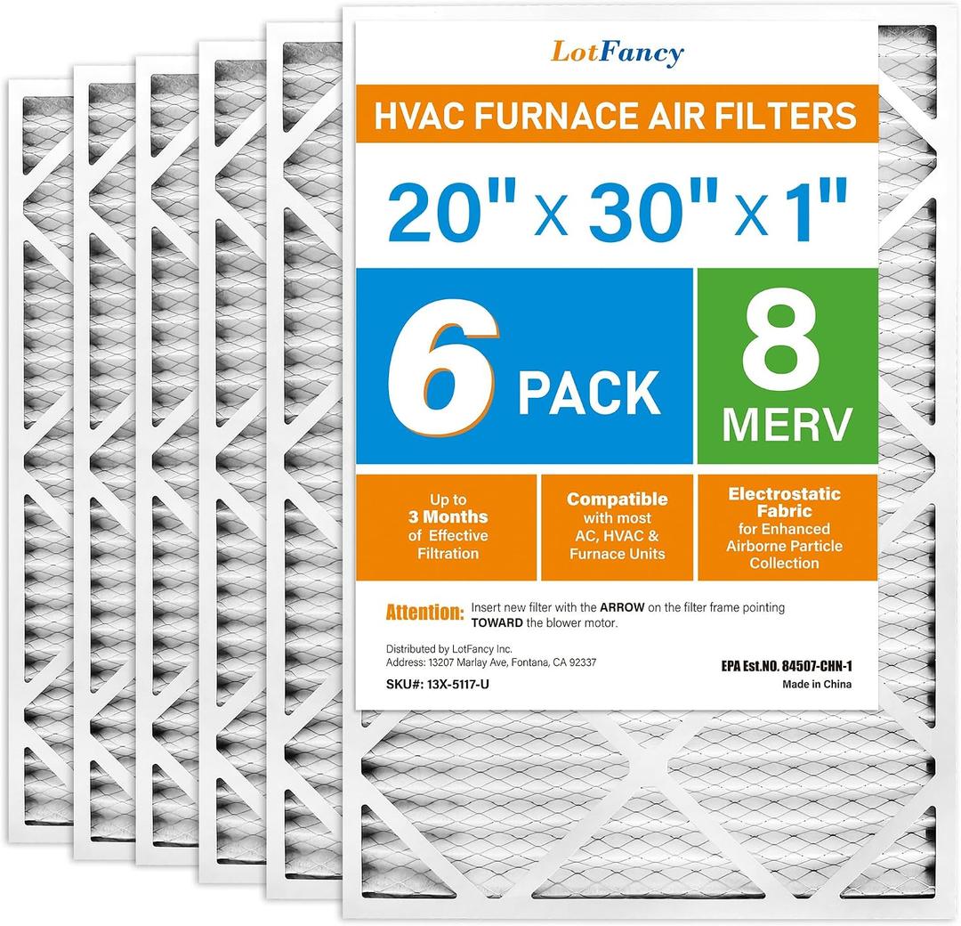 LotFancy 20x30x1 Air Filter MERV 8 6-Pack, Actual Size: 19.75"x29.75"x0.75", Electrostatic Pleated Furnace & AC Filter, Captures Dust, Pet Hair, Pollen