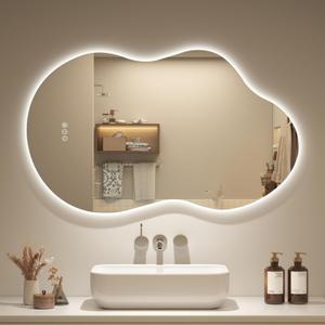 OKPAL Irregular Backlit Bathroom Mirror with Lights 40 x 24, Asymmetrical Cloud Led Lighted Vanity Mirror for Wall, Anit-Fog, Dimmable, Memory Function (Horizontal/Vertical)