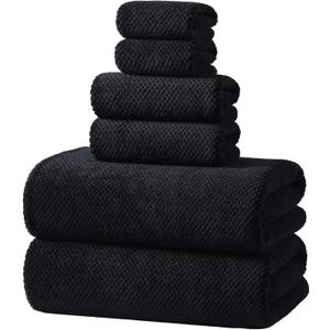 REDKISS 6-Piece Bath Towel Set - 2 Washcloths, 2 Hand Towels, 2 Bath Towels | Ultra-Fiber Coral Fleece, Super Absorbent, No Lint & No Fading | Perfect for Bathroom, Spa, Gym | Family & Adults-Black