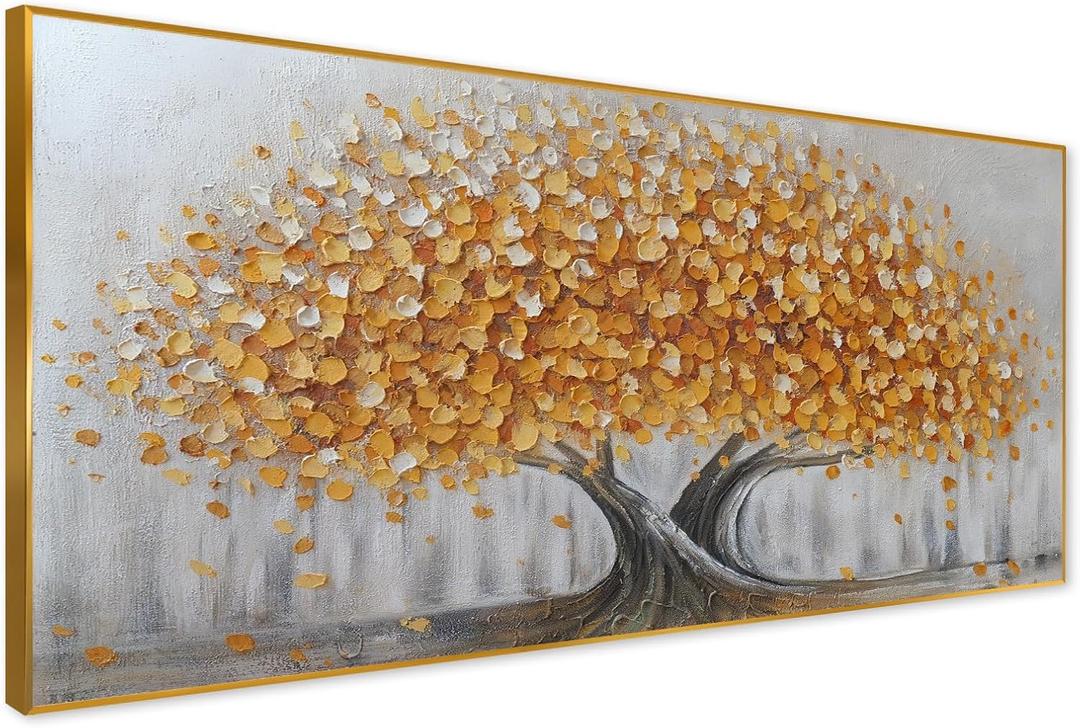Gold Tree of Life Canvas Wall Art, Modern Abstract Textured Painting, Large Framed Panoramic Landscape Artwork for Living Room, Bedroom, Office, Home Decor 60"x30"