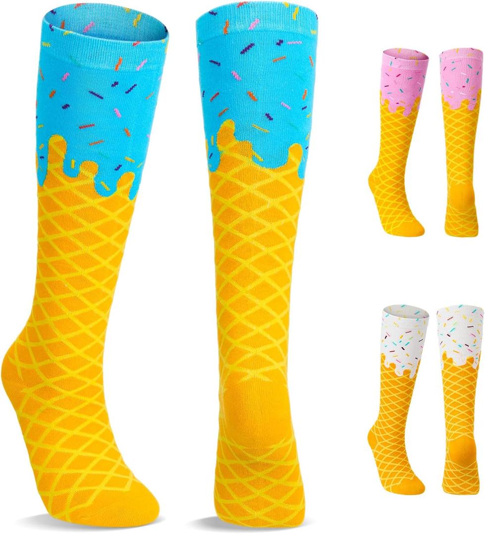 Newcotte Ice Cream Knee High Socks for Women Ice Cream Drip Cone Knee High Stockings Themed Gifts, suitable for sizes 5-10Y