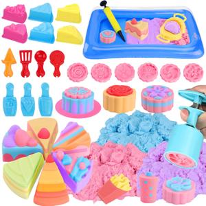Cake Play Sand Toys, Sensory Bin with 3 Colors Sand, Inflatable Sandbox & Air Pump, 12 Cake & 5 Shaped Molds, Tools, Art Kit Gift for Kids Toddlers Girls Boys Ages 3 4 5 6 7 8 9 Years Old