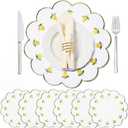 Qinyoung 6 Pieces Lemon Placemats 13.8 Inch Scalloped Embroidery placemats Fabric Linen Cotton mats Set Round Decorative Dining Table Mats for Wedding Birthday Bridal Party Decor