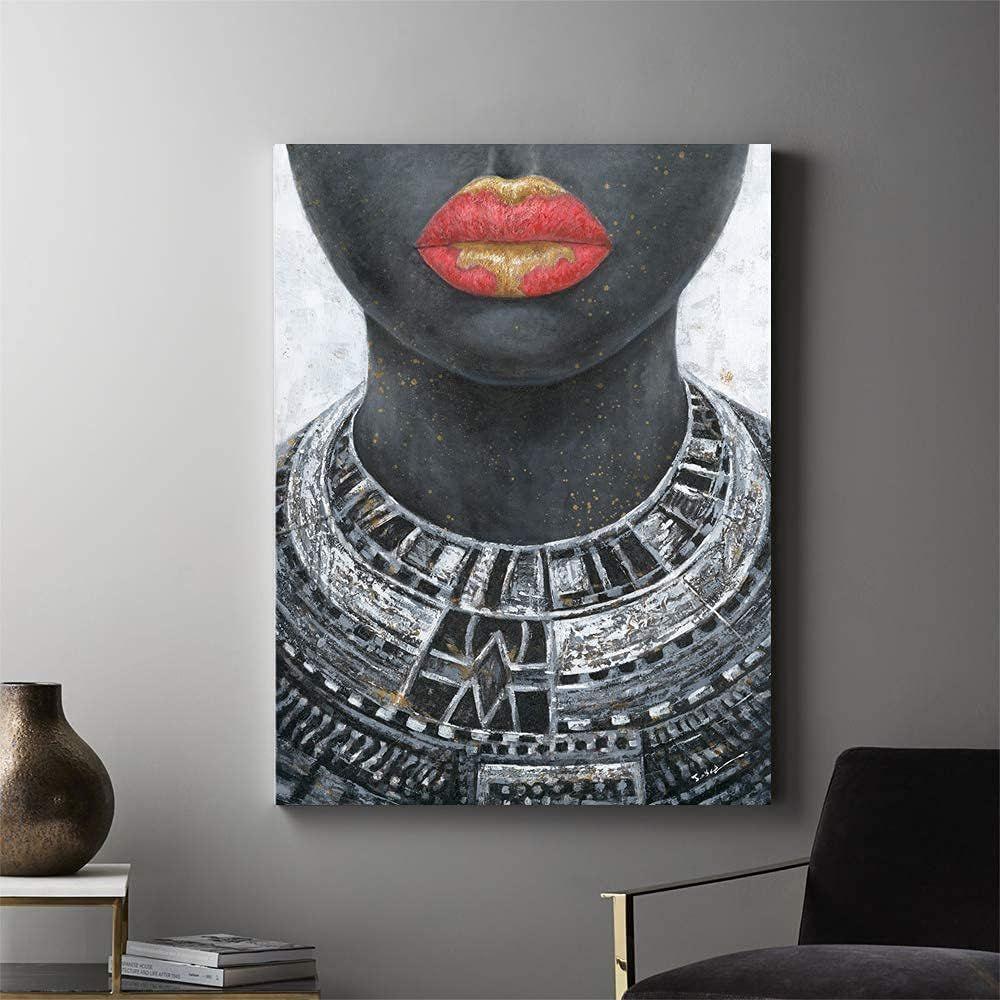 Black Girl Canvas Wall Art: Native African American Woman in Gold and Red Lip with Tribal Necklaces Framed Pictures Black Art Paintings for Bedroom Wall Decor Ready to Hang 24"x32"