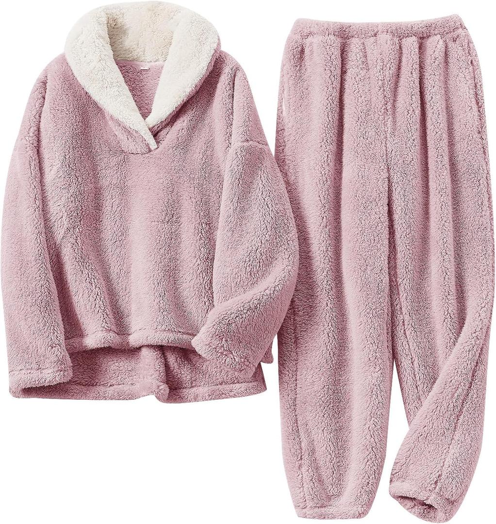 Fluffy Pajamas for Women Set Soft Comfy Fleece Pjs Pullover Pants Loose Plush 2 Piece Sleepwear Fuzzy for Winter (X-Large, Pink)