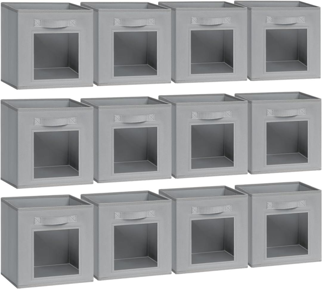 DIMJ Cube Storage Bin, 12 Pack Collapsible Storage Bins, Cube Storage Organizer with Window, Fabric Storage Bins for Shelves, Closet Baskets for Clothes, Books (Light Grey)