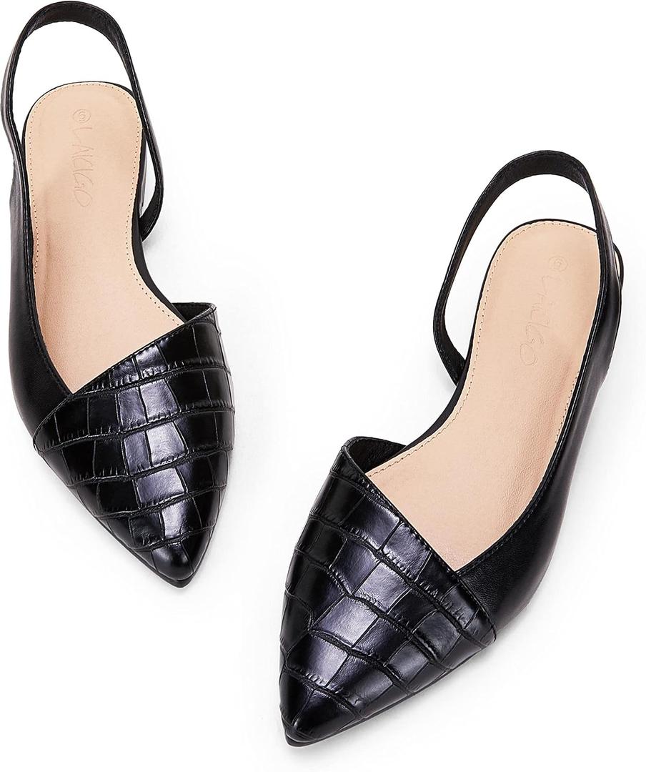 LAICIGO Women's Closed Pointed Toe Flats Slingback Low Heel Slip-on Cutout Animal Print Backless Mules Sandals (Black, 9)