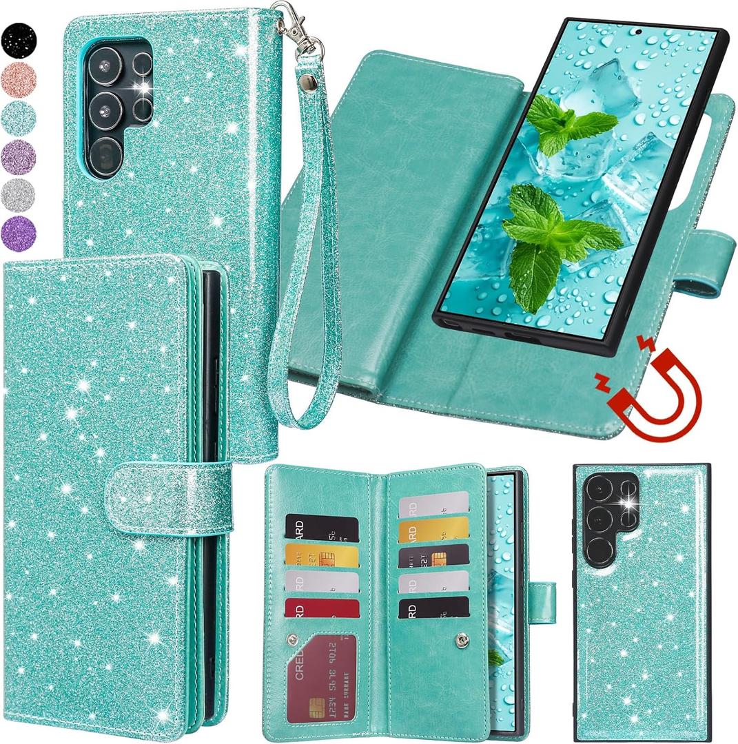 Varikke for Galaxy S25 Ultra Wallet Case Detachable with Card Holder for Women, Glitter Leather Strap Magnetic Flip Wallet Removable Phone Case Cover for Samsung Galaxy S25 Ultra 5G 6.9", Mint Green