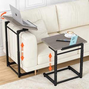 Tv Tray Table, 8-Level Adjustable Height Couch Side Table，90° Tilt Angle Adjustments C-Shaped End Table, with Phone & Tablet Slot Computer Desk for Sofa, Bed, Chair, Living Room（Lvory Gray）