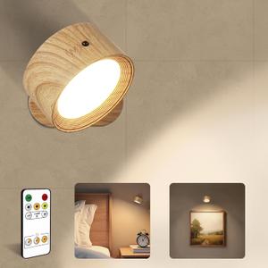 LED Wall Mounted Lights, Rechargeable Wall Sconces Lamp, 3 Color Temps & Remote and Touch, 360Rotation Dimmable Cordless Wall Light for Study Bedroom Reading Bedside(Wood, 1 Pack)