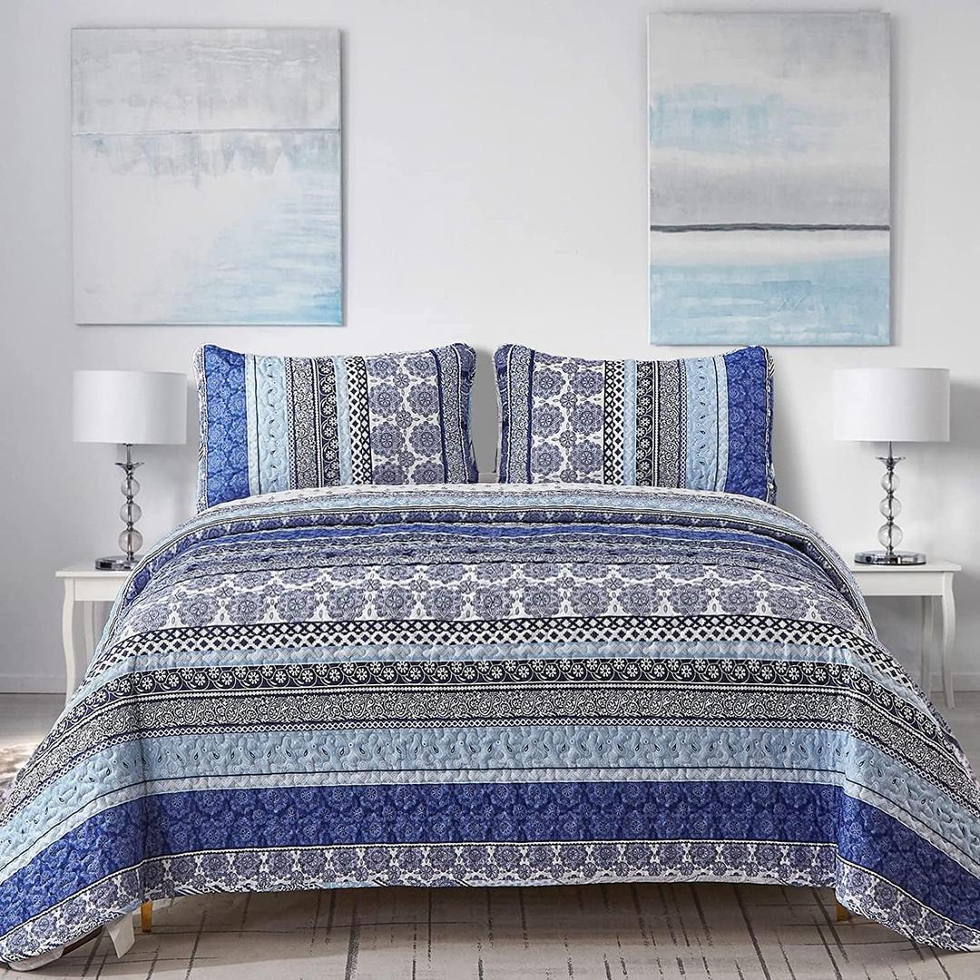 WONGS BEDDING Boho Quilt Set King Size, Blue Bohemian 3 Pieces Quilt Sets, Lightweight Bedspread Coverlet Bedding Set for All Season (103"x90")