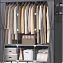 LOKEME Wardrobe Closet, Portable Closet for Bedroom Steel Pipe Diameter 19mm Strong and Sturdy Grey Portable Closets for Hanging Clothes with 3 Hanging rods, 6 Storage Shelves and Side Pockets