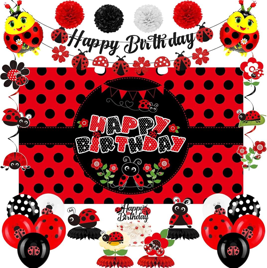 Vlipoeasn Ladybug Decorations for Girls - Red & Black Ladybug Birthday Banner, Balloons, Cake Topper, Honeycomb, Swirl Flag & More