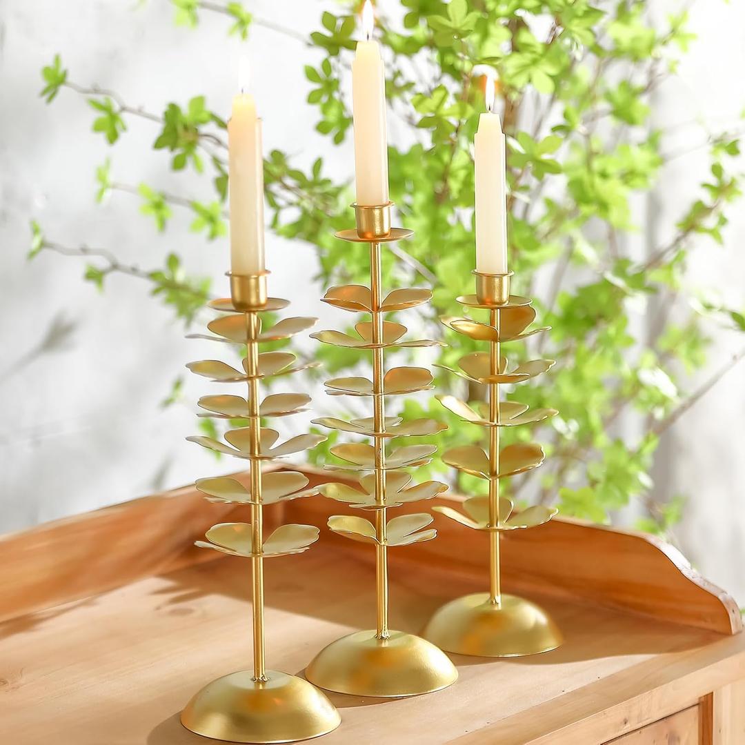 Candlestick Holders Set of 3, Gold Taper Candle Holders, Metal Floral Candle Stick Candle Holder, Decorative Tall Tapered Candlesticks Holders for Dining Table Wedding Mantel Party Centerpiece (Gold-pinecone)