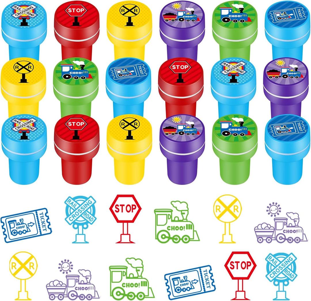 PerKoop 60 Pieces Train Party Favors Stampers for Kids Train Birthday Party Supplies Goody Bag Stuffer Filler Carnival Rewards Toddler Friends Theme Favors Decorations Class Prizes