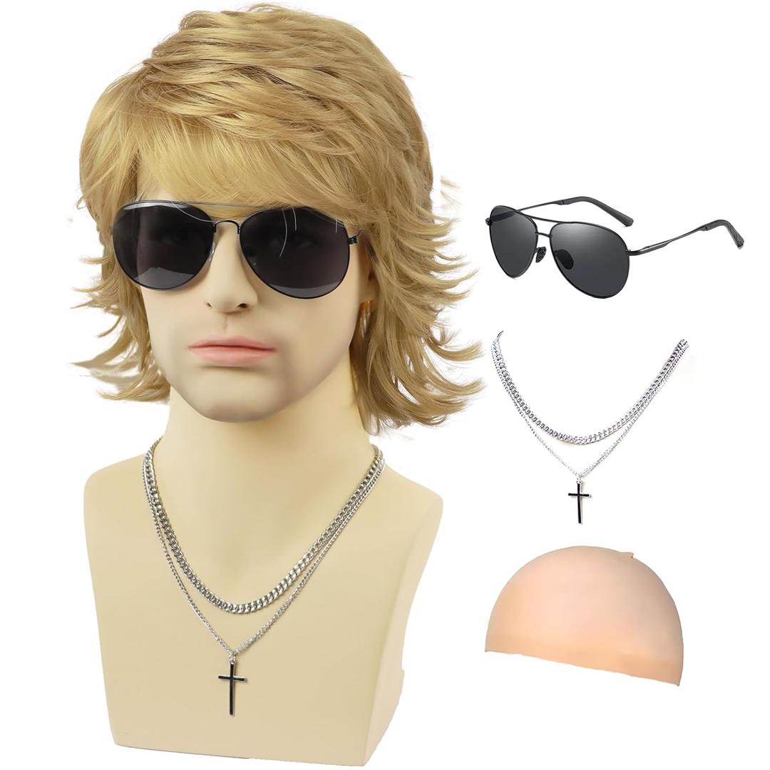 Mens Blonde Wig+Necklace+Glasses+Wig Cap,Layered Fluffy Wig For Male Daily Party Halloween Cosplay Costume UseBlonde
