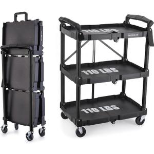 FUTURELAB Portable Folding Service Cart - 3 Tier 330LBS Capacity - Rolling Utility Foldable Cart with Wheels for Warehouse Home Workshops Garages Restaurants Offices