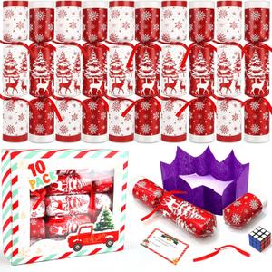 10 Pack Christmas No Snap Party Favor with Red & White Snowflake Design with Party Hat, Joke & Little Gift Inside for Kids, Xmas Gift, Christmas Seasonal Holiday Party Dinner Traditions Supplies