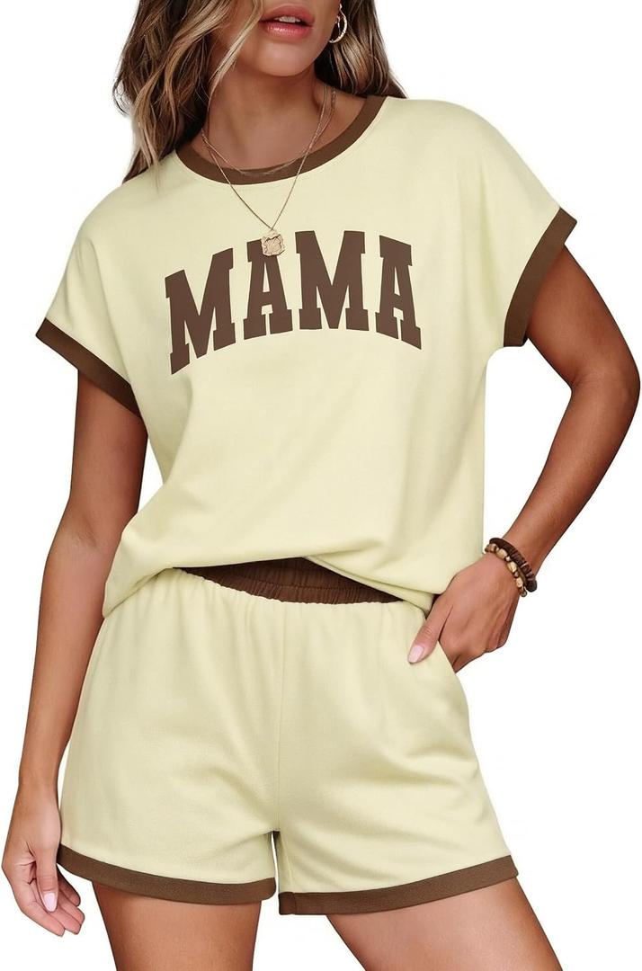 ASTANFY Mama Shirt Womens 2 Piece Skort Set Color Block Short Sleeve Top Lounge Matching Pajama Sets Casual Summer Outfit (White, L)