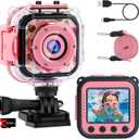 PROGRACE Pool Toy & Kids Underwater Camera - IP68 Waterproof Action Camera for Boys Ages 3-12, 1080P Video, 32GB Card, Mount for Bike & More, Birthday Gift for Diving, Swimming, Riding, Snorkeling (Pink)