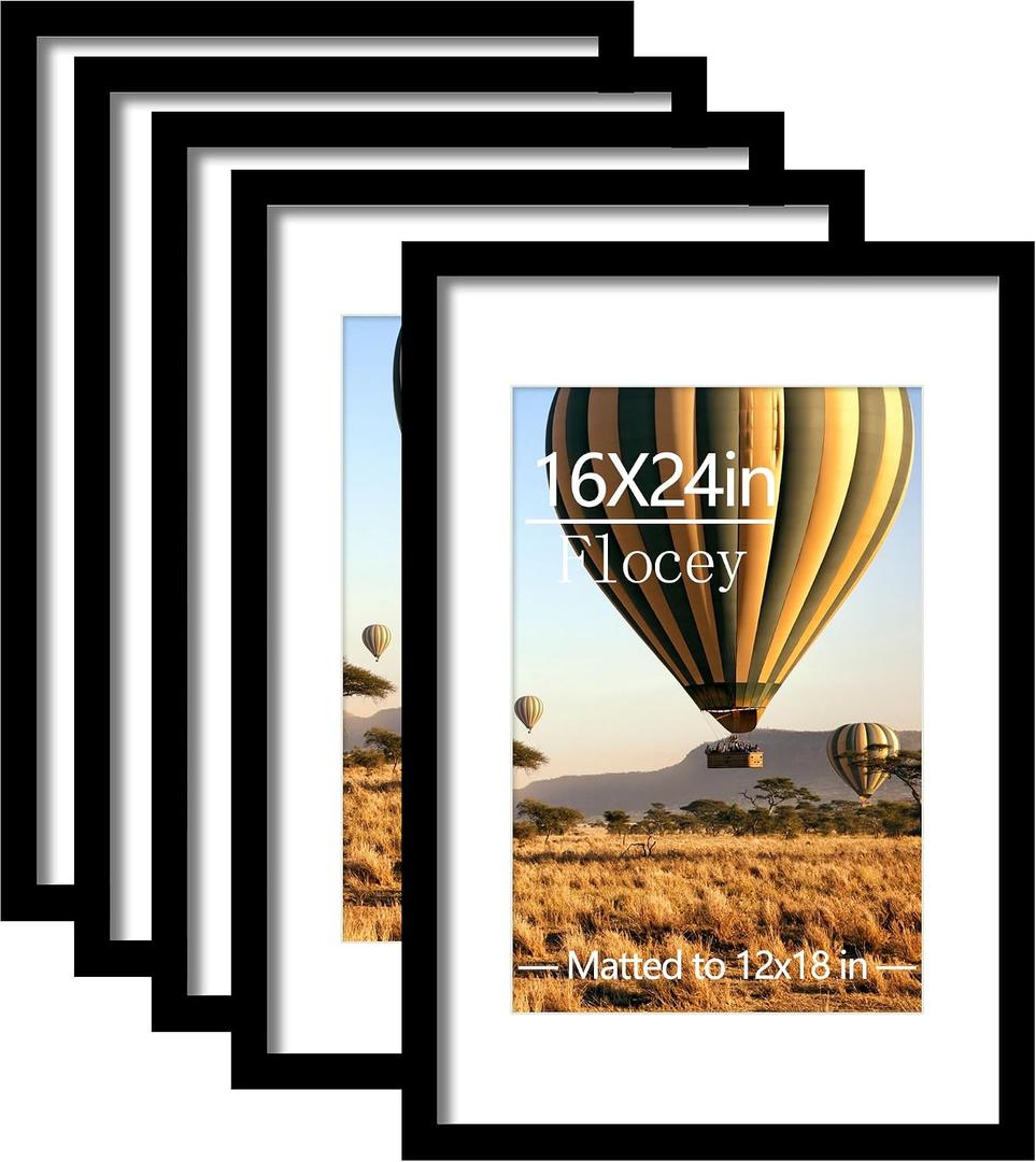 16x24 Picture Frame Set of 5, Black Poster Frame, Display Pictures 12 x 18 with Mat or 16x 24 Without Mat for Horizontal or Vertical Wall Mounting, Wall Gallery Frame for Artwork, 16x24-5PACK