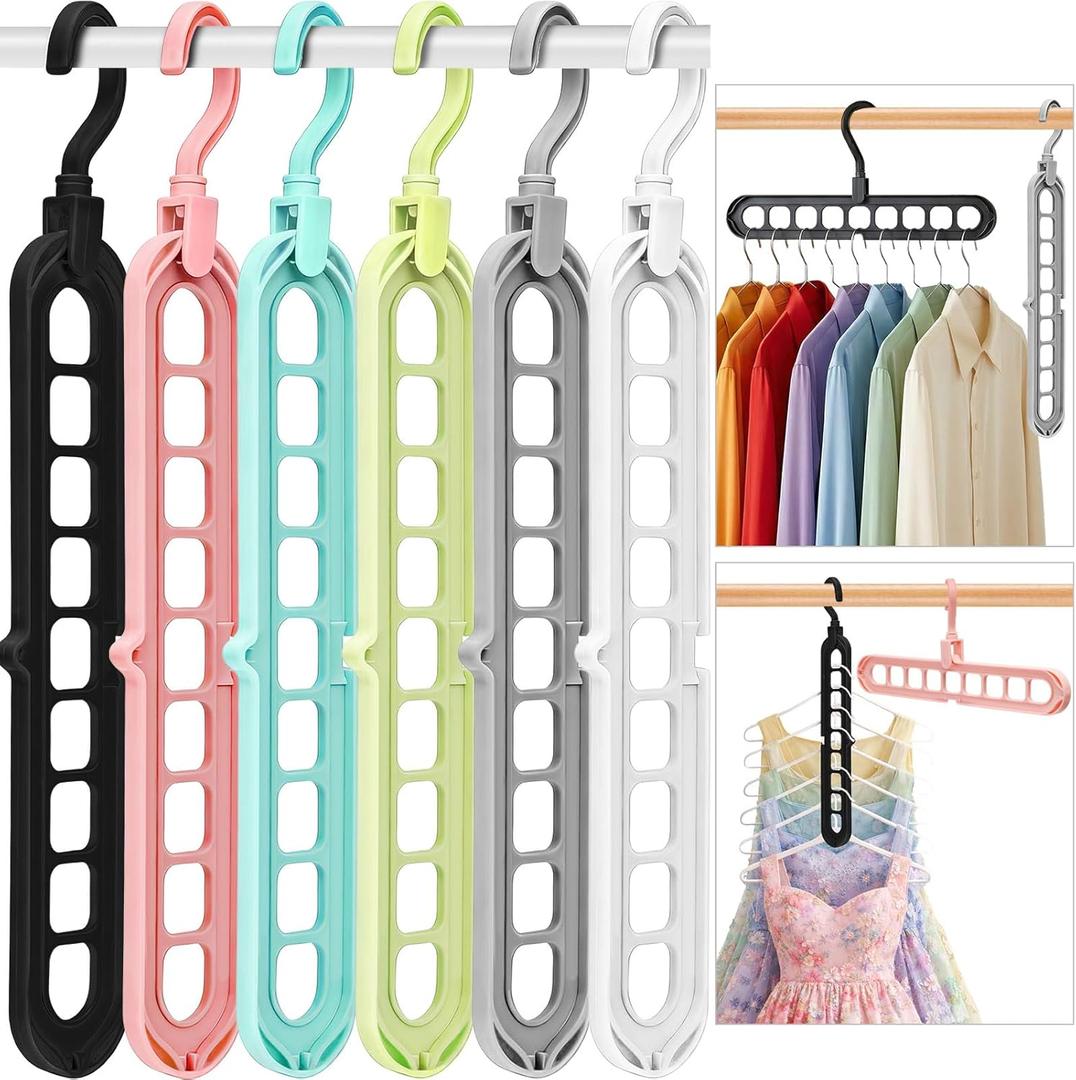 Closet Organizers and Storage,College Dorm Room Essentials,Pack of 6 Multifunctional Organizer Magic Space Saving Hangers with 9 Holes Storage Organization for Wardrobe Closet (Multicolor)