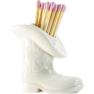 Decorative Cowboy Boot Match Holder With Striker - Ceramic cowgirl boots coastal Western home decor aesthetic, Matchesboxes For pink Bathroom Bedroom Glossy White