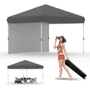GarveeLife Pop Up Canopy with 1 Sidewalls - Easy Up Camping Tent with One Button Push Setup - 1 Roller Bag, 3 Adjustable Height, 4 Weight Bags for Deck, Garden, Sports, Beach, Party - Grey (Gray)