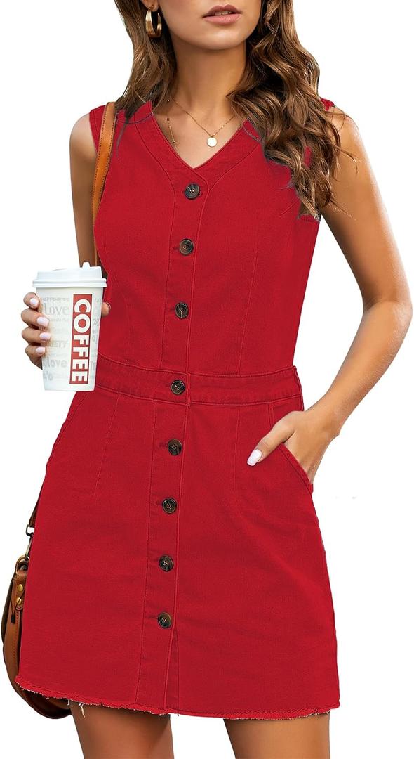 LookbookStore Women Sleeveless V Neck Button Down Frayed Hem Short Denim Dress (Red, XXL)