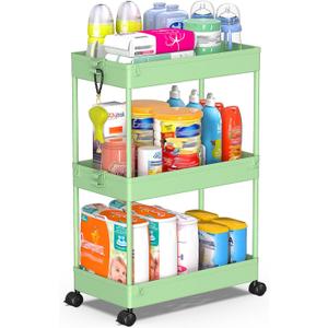 SPACEKEEPER Green 3-Tier Rolling Storage Cart, Bathroom & Kitchen Organizer, Modern Plastic Frame, Adjustable Shelves