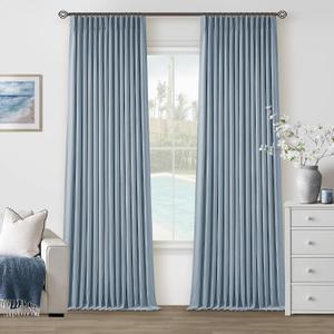 Light Blue Pleated Linen Blackout Curtains 90 Inches Long for Bedroom Living Room Pinch Pleat Black Out Thermal Insulated Ring Hooks Back Tab Room Darkening Drapes Dusty Blue Grey Curtains with Liner