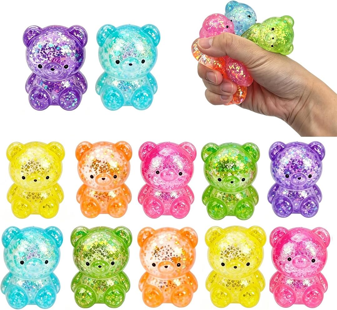 Glitter Bear Squishy Toys, 12 Pack 2 Inch Cute Bear Slow Rising Stress Relief Squeeze Toys for Kids & Adults Birthday Gifts, Party Favors, Goodie Bag Fillers, Classroom Rewards